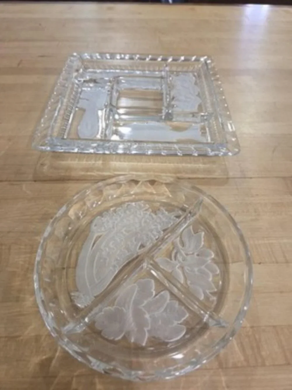 Vintage Clear Frosted Glass Divided Relish Trays Intaglio Fish Fruit Set 2